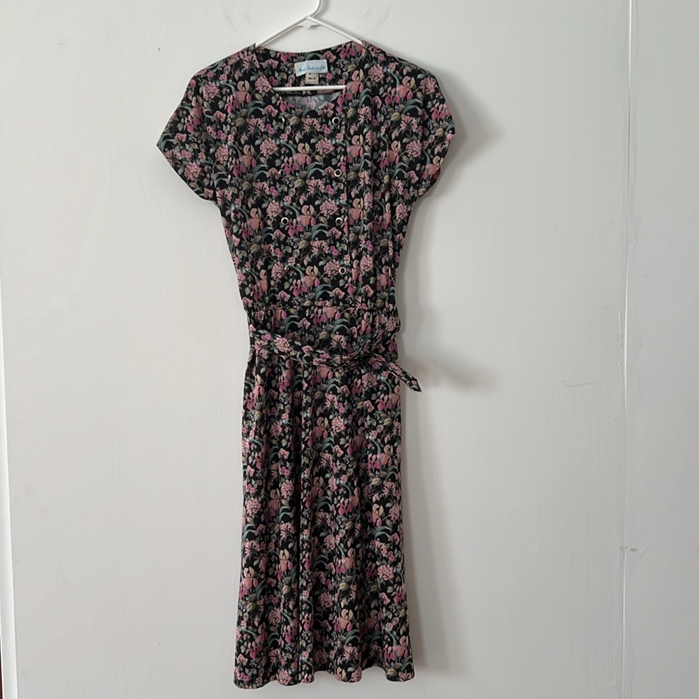 Vintage Meryl Fashions LTD Floral Belted MIDI Dress made in USA Size 10